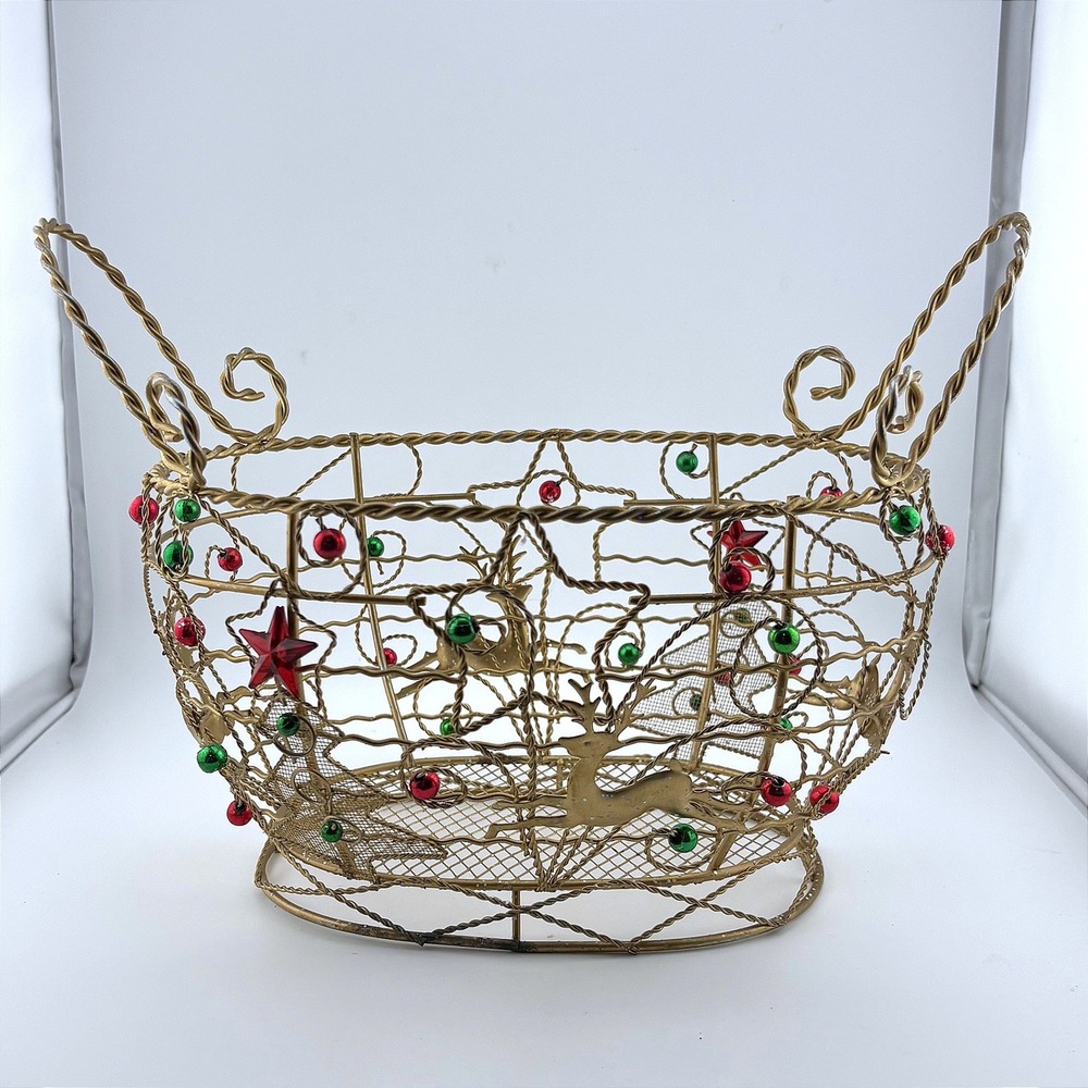Gold Wire Christmas Basket Reindeer Star Tree Beaded Holiday Decor Centerpiece